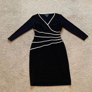 Ralph Lauren Black Long-Sleeve Faux-Wrap Dress with Cream Trim